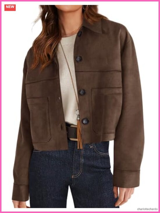 Jackets & Blazers - Faux Suede Lightweight Cropped Jacket with Patch Pockets